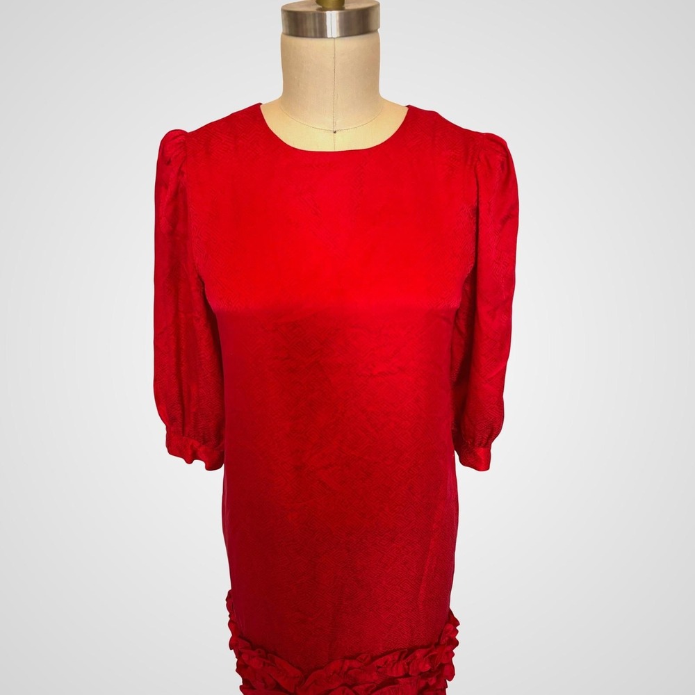 Argenti Petites Vintage Red Silk Jacquard Ruffle Hem‎ Cocktail Dress Size 10